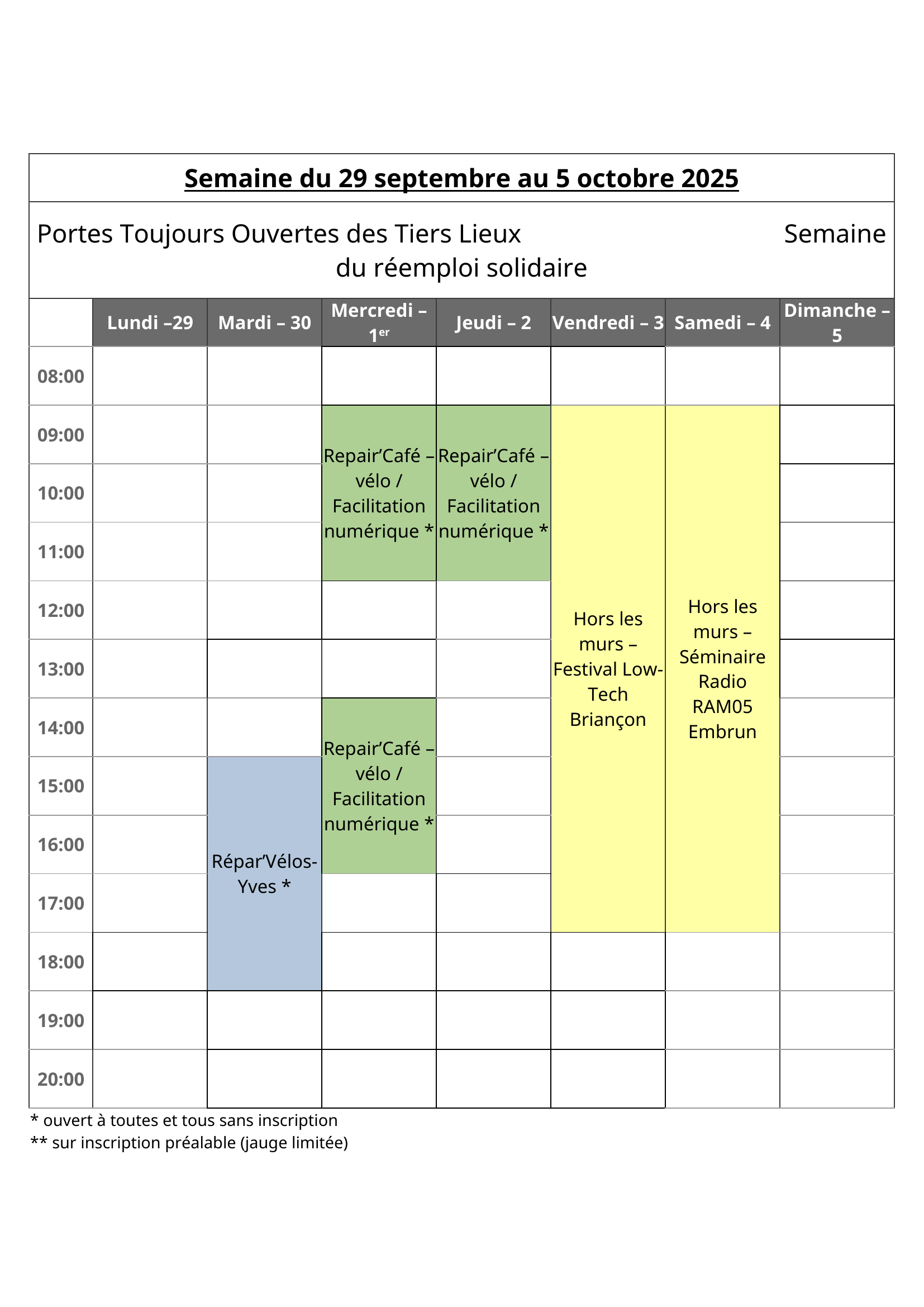 Planning hebdomadaire semaine 39